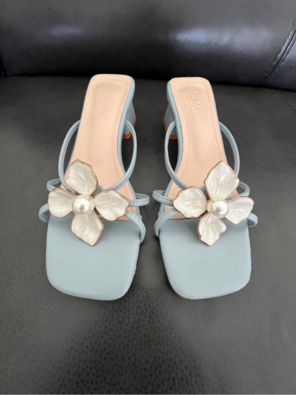 Light Blue Floral Pearl Strappy Heeled Sandals Xcaixy
